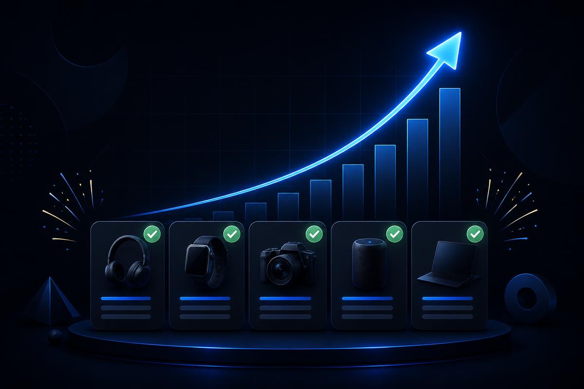 Verified product listings with approval badges beside a rising revenue chart